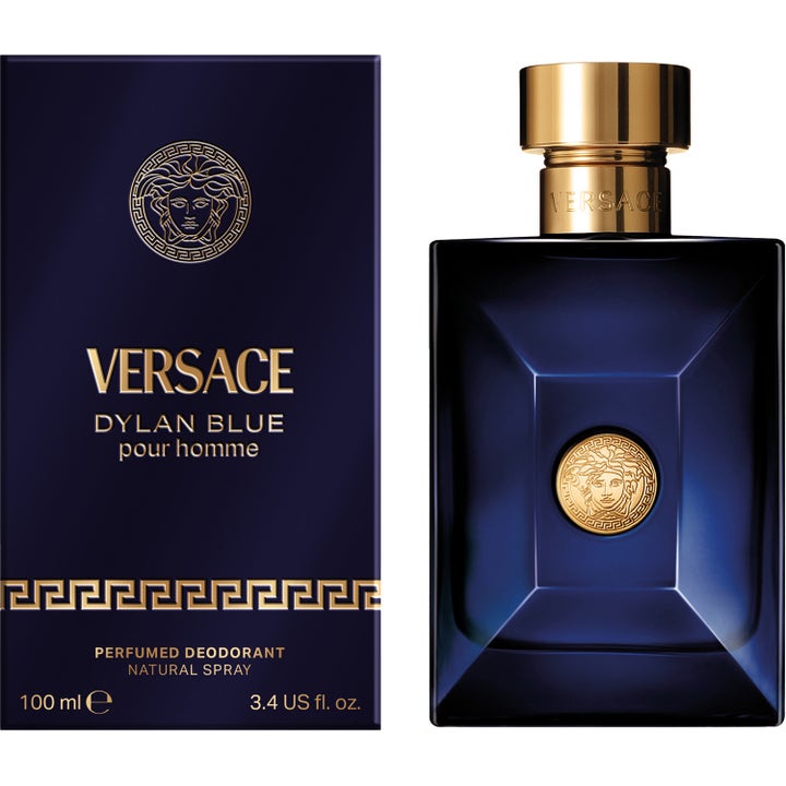 Versace Dylan Blue deodorant spray 100 ml herrdeodorant i mörkblå flaska och ytterförpackning med gulddetaljer