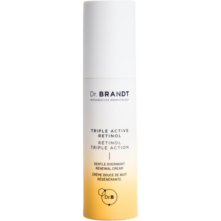Dr Brandt Triple Active Retinol anti-rynk nattkräm med retinol i vit cylinderformad flaska med gultonad botten.