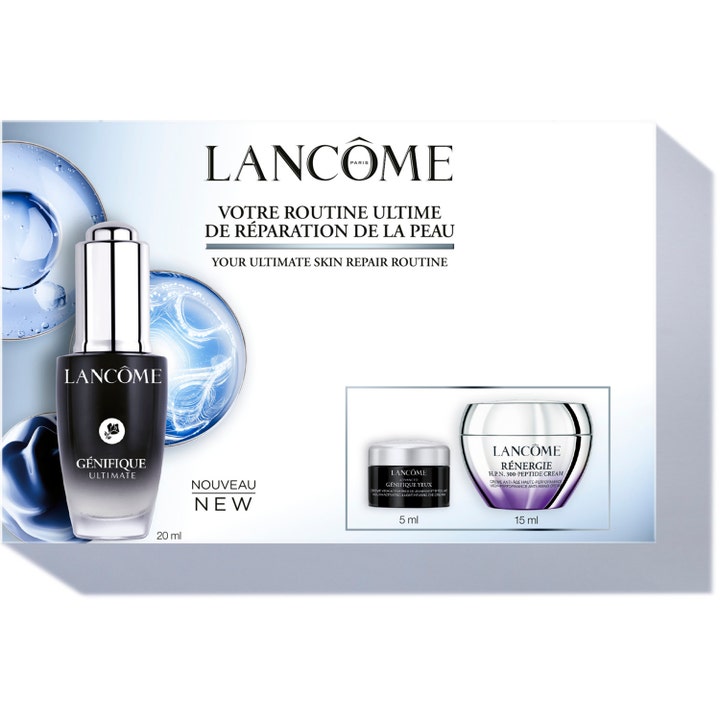 Lancôme Génifique Ultimate ansiktsvård set reparerande gåvoset i vit box med svart serumflaska och silverfärgade burkar