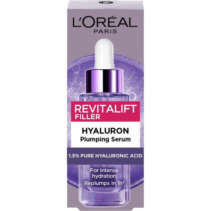 L'Oréal Paris Revitalift Filler Hyaluron Plumping Serum återfuktande ansiktsserum i lila ytterförpackning.