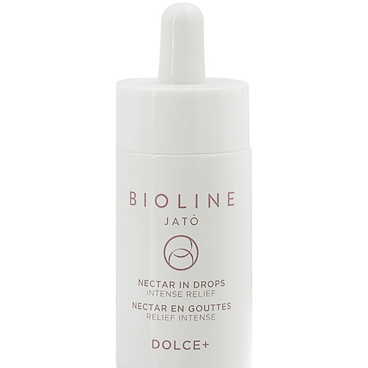 Bioline Jatò Dolce+ Nectar in Drops 30 ml lugnande ansiktsserum som ger lindring i vit flaska med pipettlock.