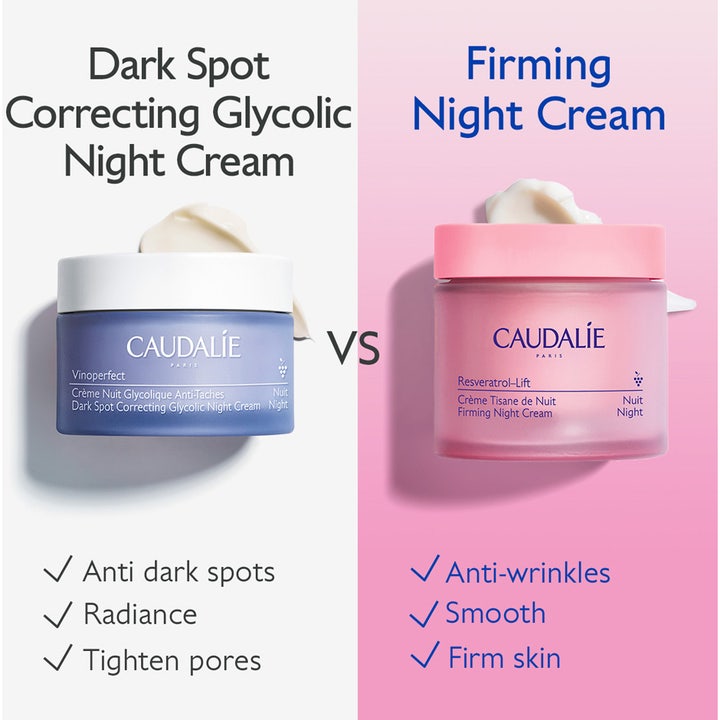 Caudalie Resveratrol-Lift Firming Night Cream 50 ml uppstramande nattkräm i rosa burk bredvid Vinoperfect.