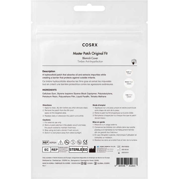 COSRX Master Patch Original Fit mot orenheter baksidan av vit påse med produktinformation och storleksguide