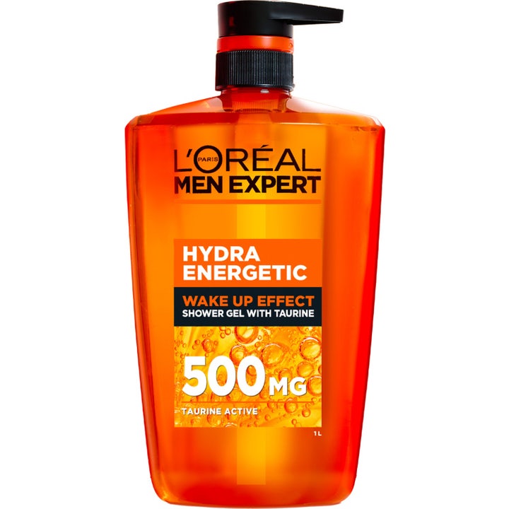 L'Oréal Men Expert Hydra Energetic 1000 ml uppiggande taurin duschgel i stor orange plastflaska med svart pumpdispenser.