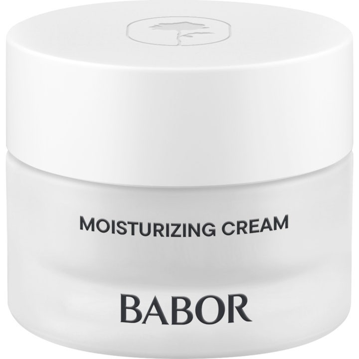 Babor Skinovage Moisturizing Cream återfuktande ansiktskräm i en burk av frostat glas med vitt lock.