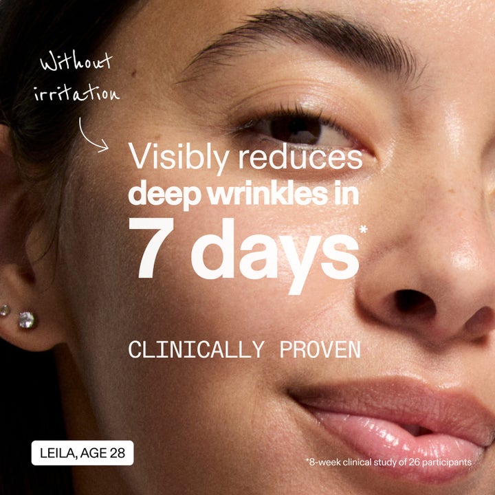 The INKEY List Advanced Retinal Serum 15 ml serum mot rynkor på kvinna med texten Visibly reduces deep wrinkles in 7 days