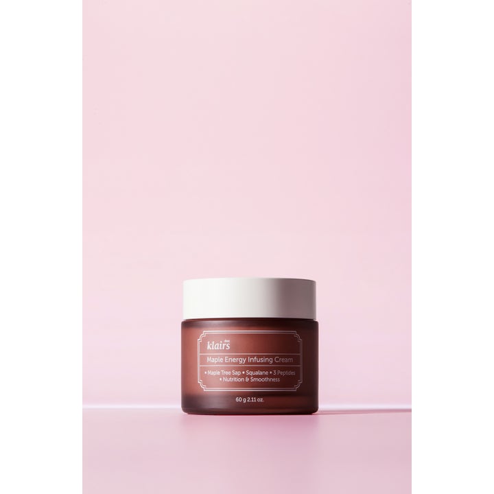 Klairs Maple Energy Infusing Cream 60 g närande ansiktskräm med lönnträd och peptider i brun glasburk med vitt lock.