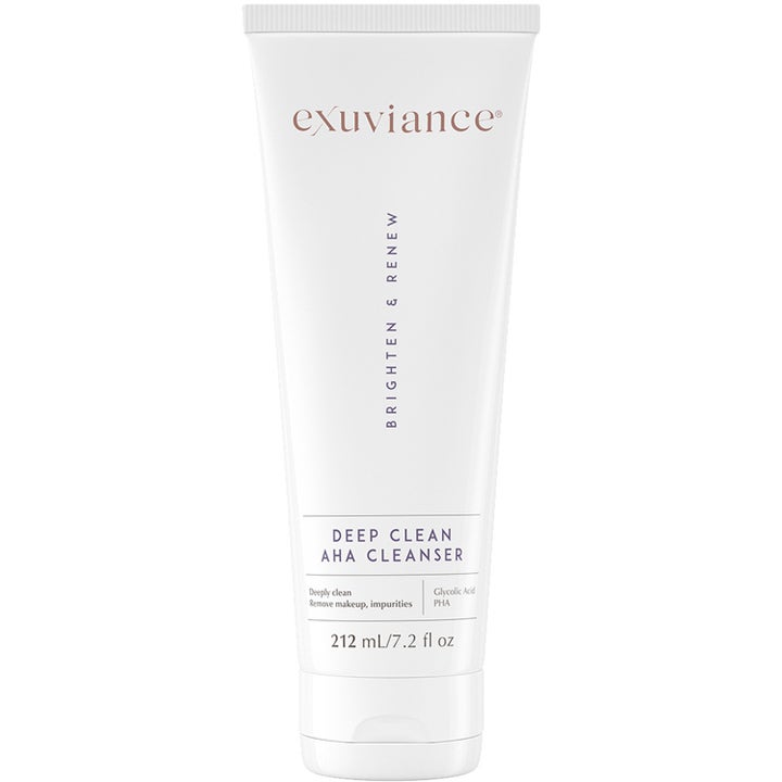 Exuviance Deep Clean AHA Cleanser 212 ml exfolierande AHA rengöring sminkborttagning i vit tub med svart text.