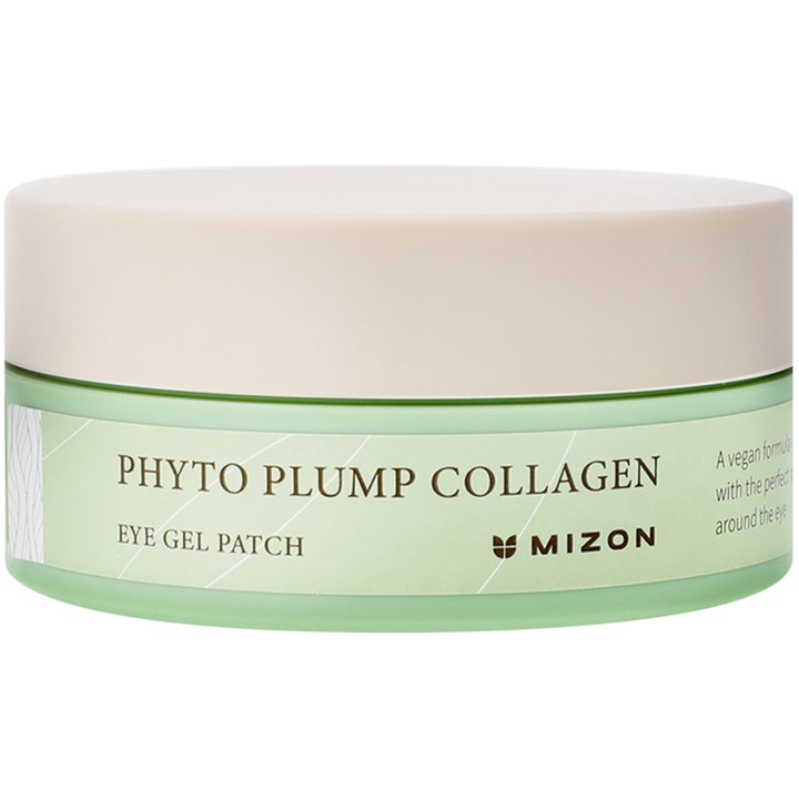 Mizon Phyto Plump Collagen Eye Gel Patch fuktgivande kollagen ögonmask i en ljusgrön burk med beige lock.