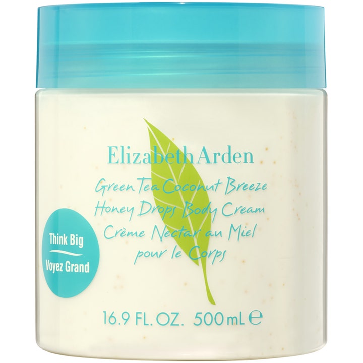 Elizabeth Arden Green Tea Coconut Breeze 500 ml doftande återfuktande kroppskräm i burk med blått lock och honungspärlor.