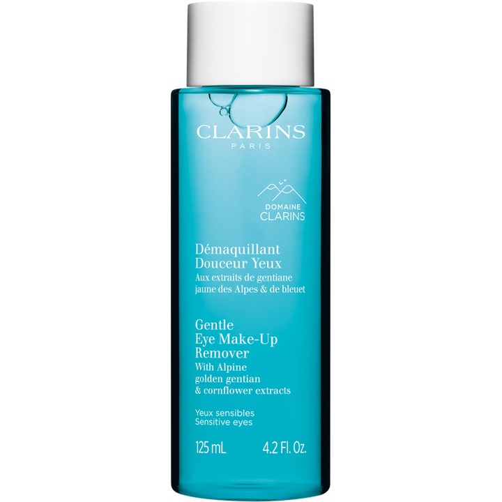 Clarins Gentle Eye Make-Up Remover 125 ml lugnande ögonsminkborttagning för känsliga ögon i en blå transparent flaska