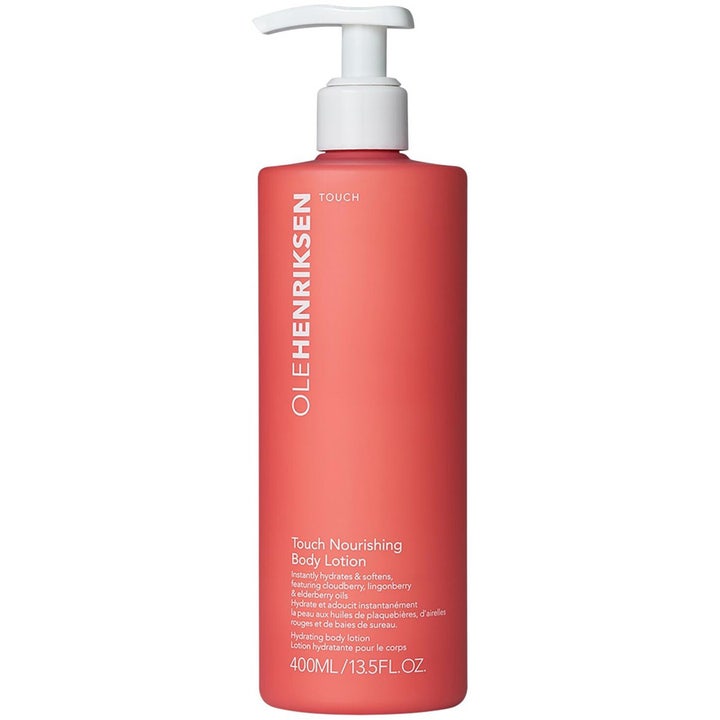 Ole Henriksen Touch Nourishing Body Lotion 400 ml är en närande bodylotion för torr hud i korallrosa pumpflaska.