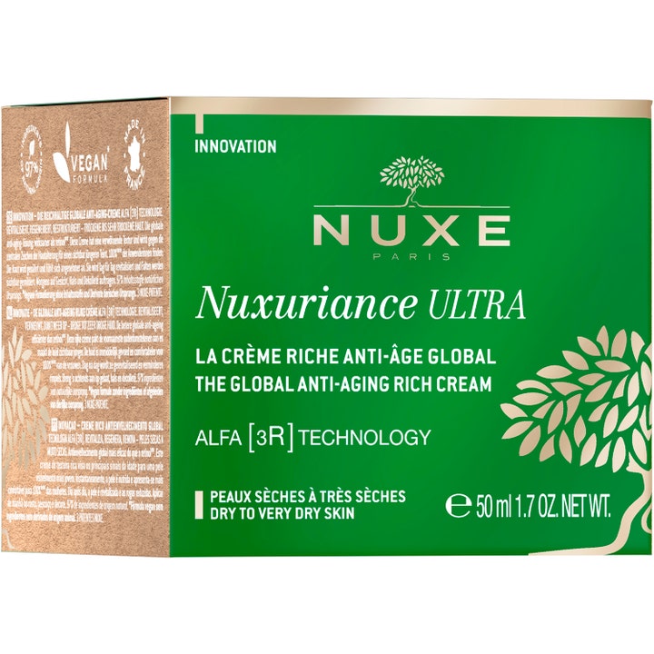 Nuxe Nuxuriance Ultra Rich Day Cream 50 ml anti-age dagkräm för torr hy i grön och guldfärgad ytterkartong