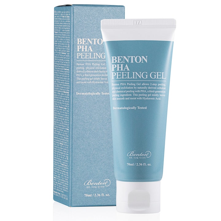 Benton PHA Peeling Gel 70ml exfolierande pha peeling med pha acid i en ljusblå tub och matchande ytterförpackning.