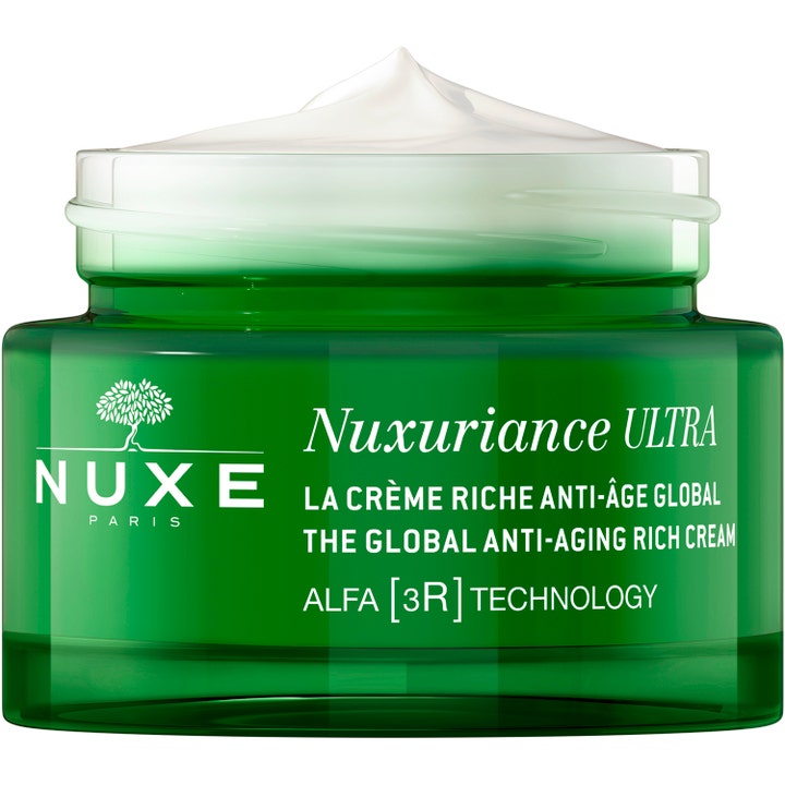 Nuxe Nuxuriance Ultra Rich Day Cream 50 ml anti-aging dagkräm i grön glasburk med fyllig vit krämkonsistens.