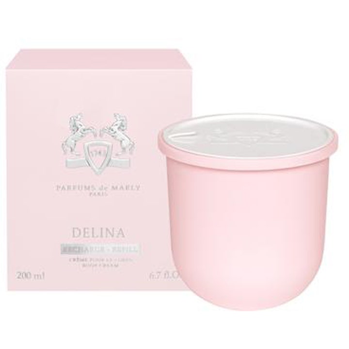 Parfums de Marly Delina Body Cream Refill 200 ml återfuktande kroppskräm i rosa refillburk med ytterkartong