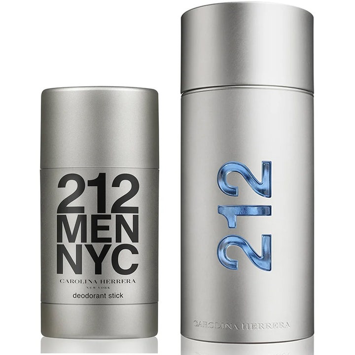 Carolina Herrera 212 Men Set 2 x 200 ml fräsch herrparfym i silverfärgade cylindriska flaskor med blå detaljer