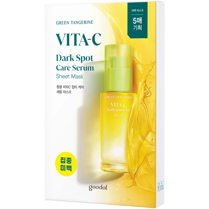 Goodal Green Tangerine Vita-C Sheet Mask 5-pack c vitamin hudvård för jämnare hudton i vit box med gul grafik