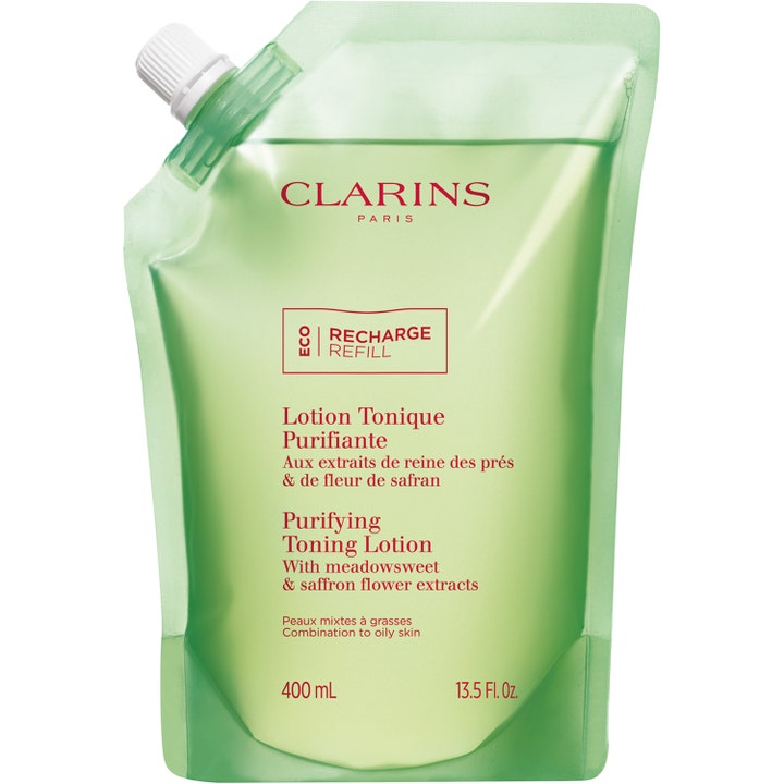 Clarins Purifying Toning Lotion 400 ml naturligt ansiktsvatten för talgkontroll i en ljusgrön refillpåse med vitt skruvlock