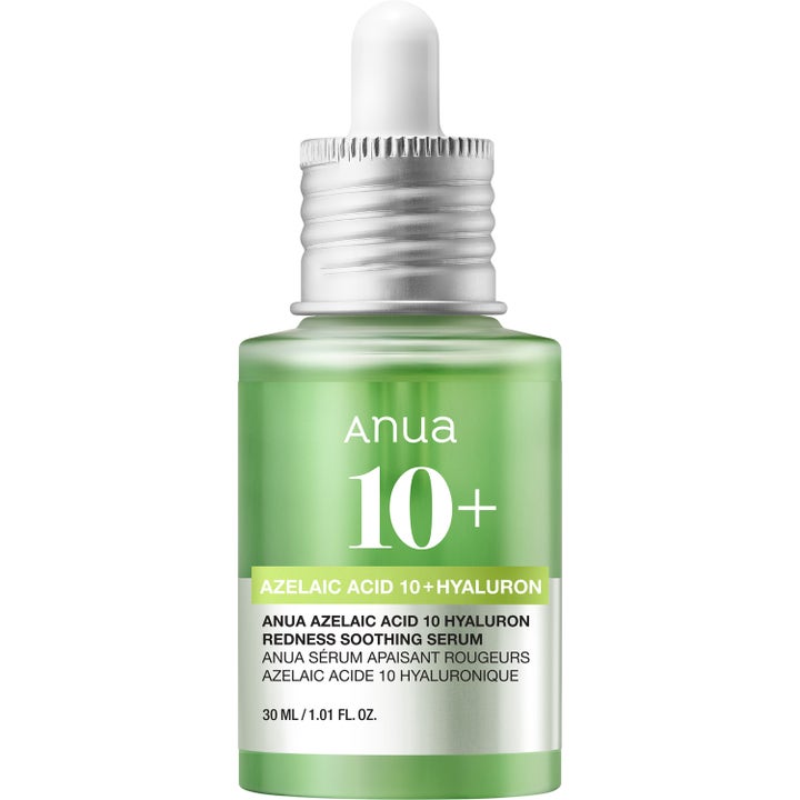 Anua Azelaic Acid 10 Hyaluron Redness Soothing Serum 30 ml lugnar rodnad i grön flaska med silverfärgad pipett