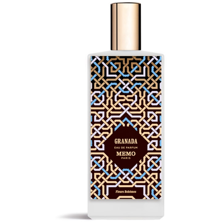 Memo Paris Granada parfym 75 ml blommig parfym i vit flaska med guldlock och blått geometriskt mönster