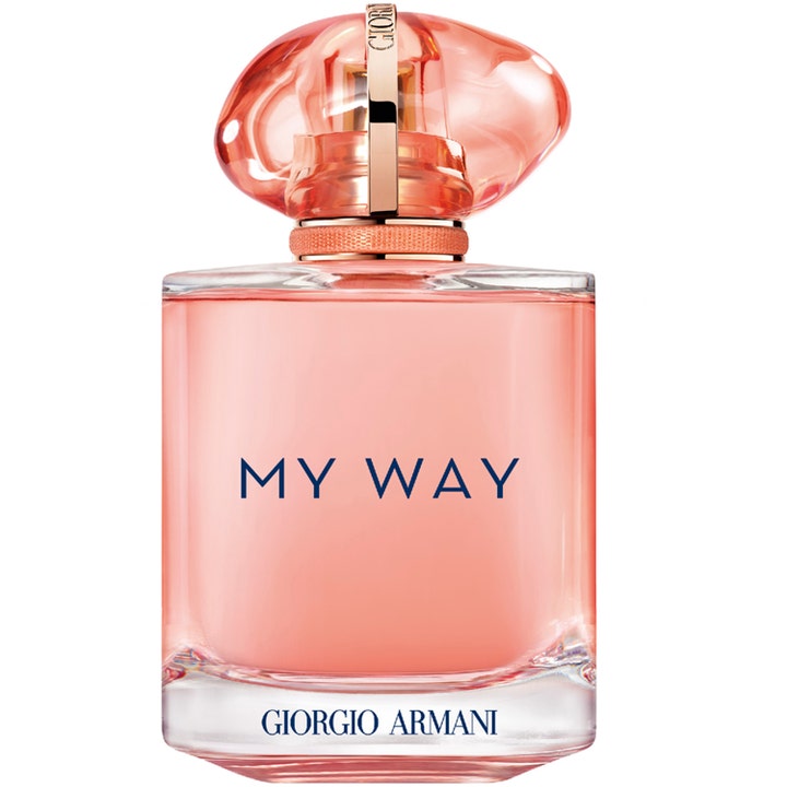 Armani My Way Ylang Eau de Parfum 90 ml feminin sommarparfym i glasflaska med rosa vätska och rundad rosa kork med gulddetalj