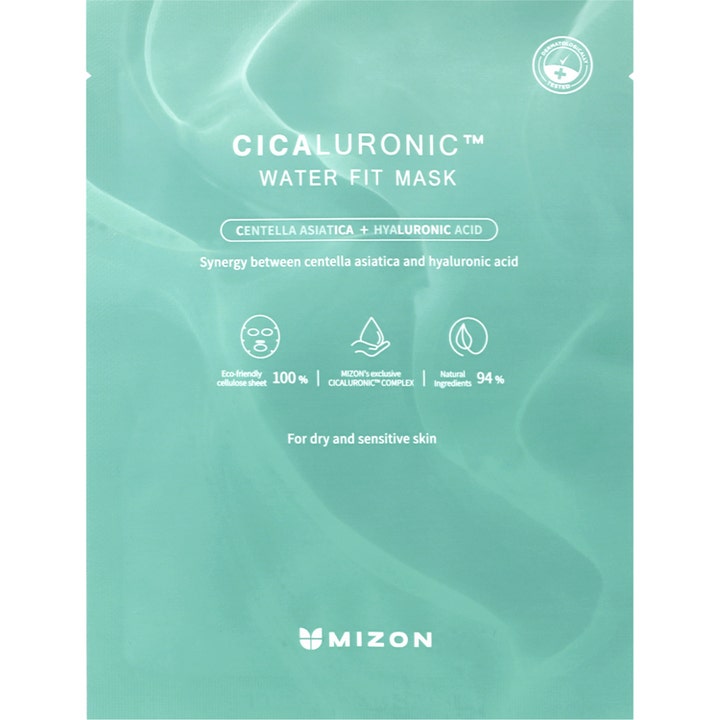 Mizon Cicaluronic Water Fit Mask återfuktande ansiktsmask cellulosa för känslig hud cica i ljusgrön förpackning