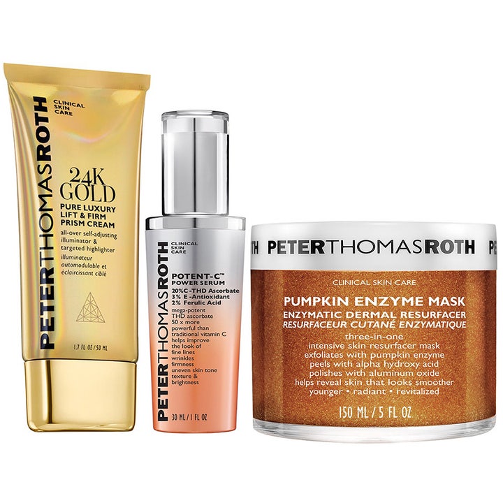Peter Thomas Roth hudvårdskit med vitamin c serum, lystergivande kräm och enzympeeling ansiktsbehandling i glasburk.