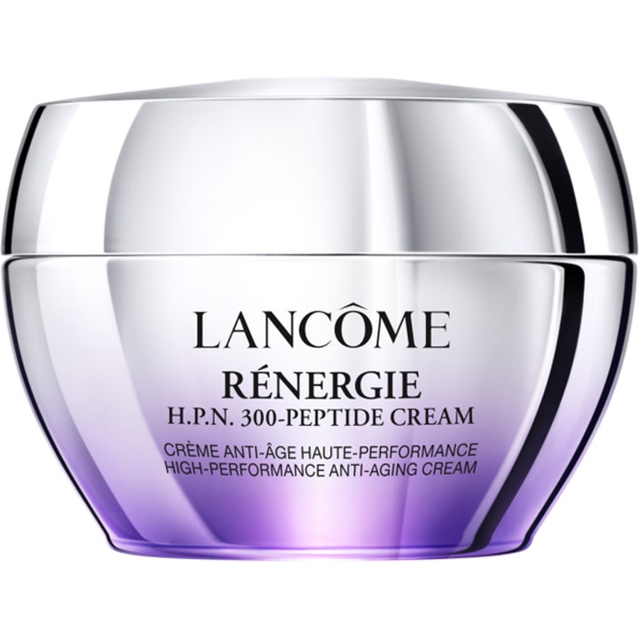 Lancôme Rénergie H.P.N. 300-Peptide Cream anti-age peptid kräm i en elegant silverfärgad burk med lila botten.