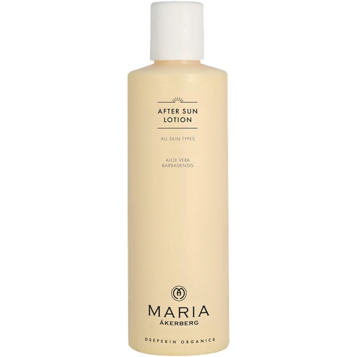 Maria Åkerberg After Sun Lotion lugnande ekologisk återfuktande hudvård i beige plastflaska med vitt lock.