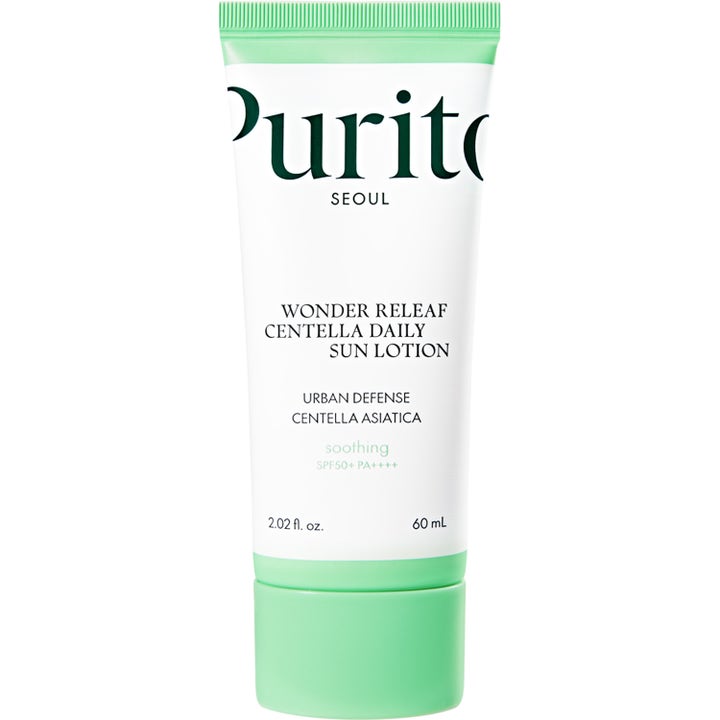 Purito Seoul Wonder Releaf Centella Sun Lotion 60 ml centella solkräm ger solskydd känslig hy i vit tub med mintgrönt lock.