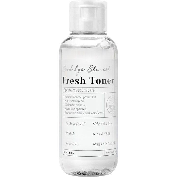 Mizon Good Bye Blemish Fresh Toner ansiktsvatten med BHA och tea tree i en genomskinlig flaska med vitt lock.