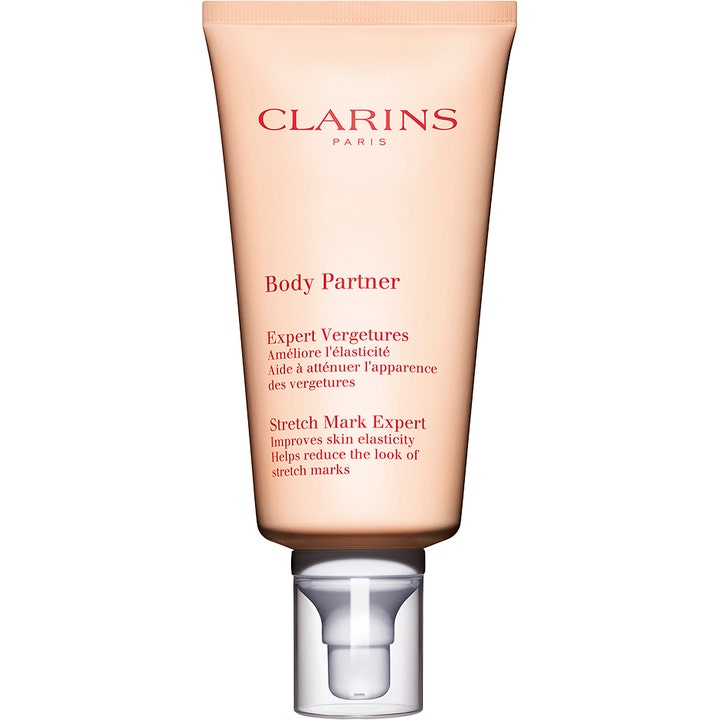 Clarins Body Partner 175ml kroppskräm mot bristningar i en persikofärgad tub med genomskinlig pump.