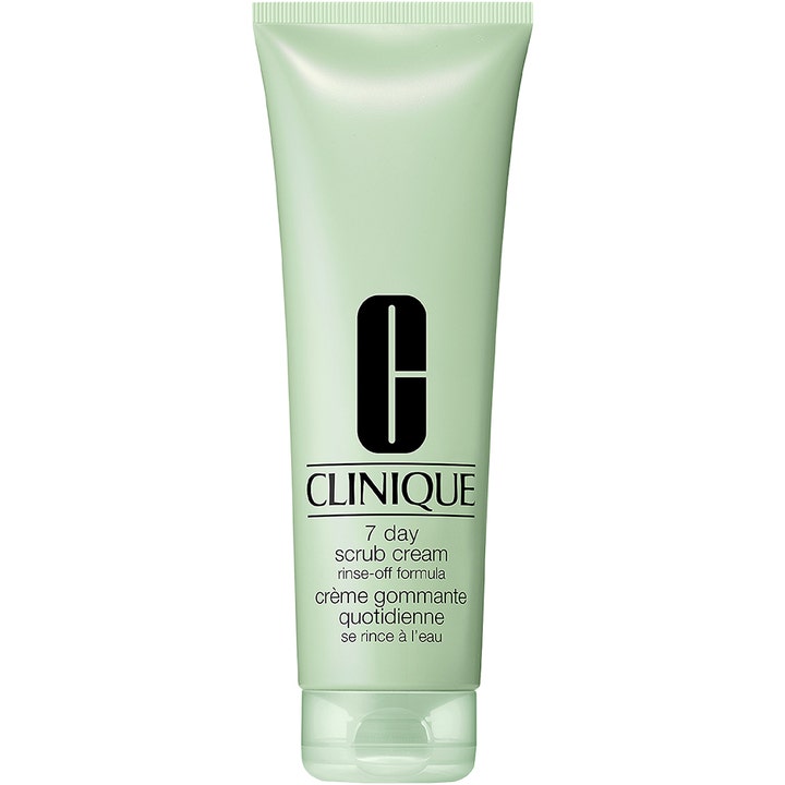Clinique 7 Day Scrub Cream exfolierande ansiktsskrubb i en ljusgrön plasttub som ger huden förnyad lyster.