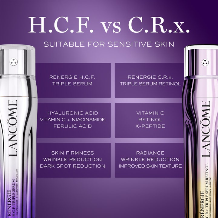 Lancôme Rénergie C.R.x Triple Serum Retinol 50 ml jämförelse som visar retinol och vitamin C för lyster.