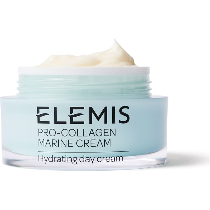 Elemis Pro-Collagen Marine Cream lyxig återfuktande dagkräm i ljusblå glasburk som ger fukt med krämig vit textur.