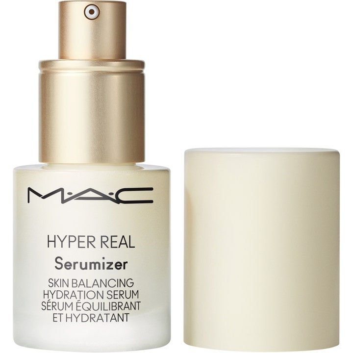 MAC Cosmetics Hyper Real Serumizer 15 ml återfuktande serum i frostat glas med guldpump och avtaget lock.