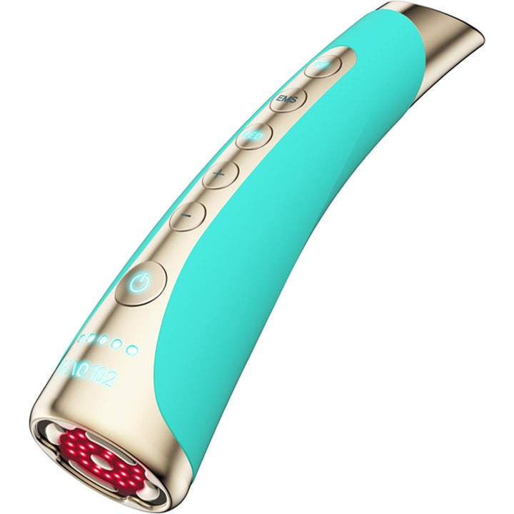 FAQ Swiss FAQ 102 LED-Pulse Facial Device för EMS hudföryngring i turkos och guld med rött LED-ljus