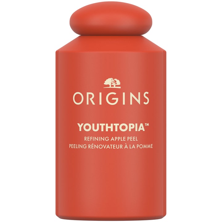 Origins Youthtopia Refining Apple Peel ansiktspeeling ger porexfoliering i en matt röd flaska med runt lock