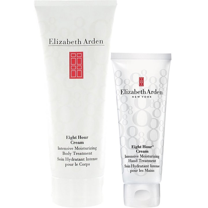 Elizabeth Arden Eight Hour återfuktande kräm och handkräm i vita tuber som ger en långvarig återfuktande kroppskräm.