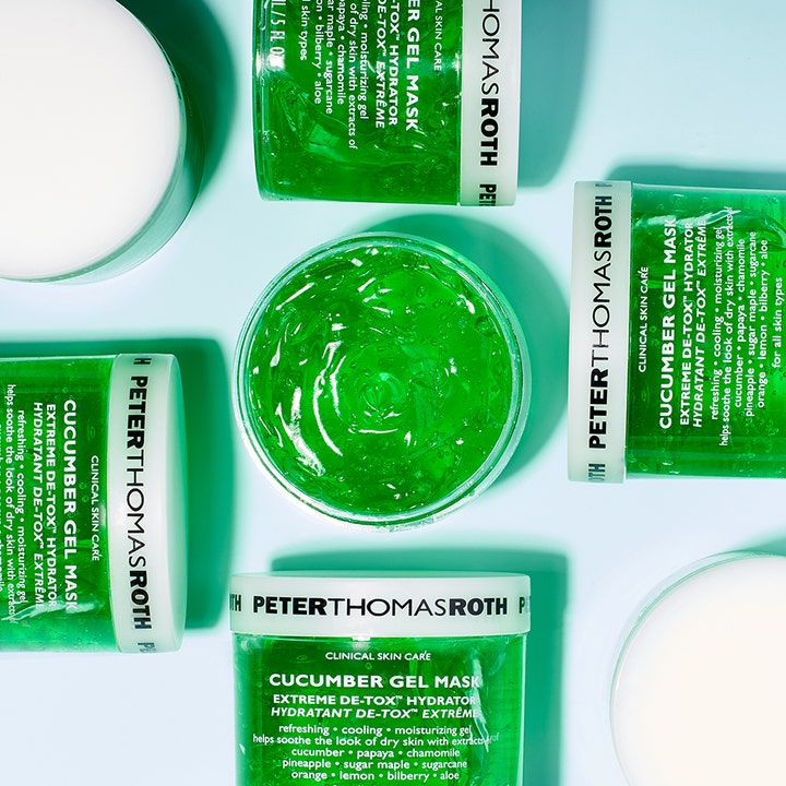 Peter Thomas Roth Cucumber De-Tox Gel Mask 150 ml kylande ansiktsmask med grön bubblig gel i öppnad burk