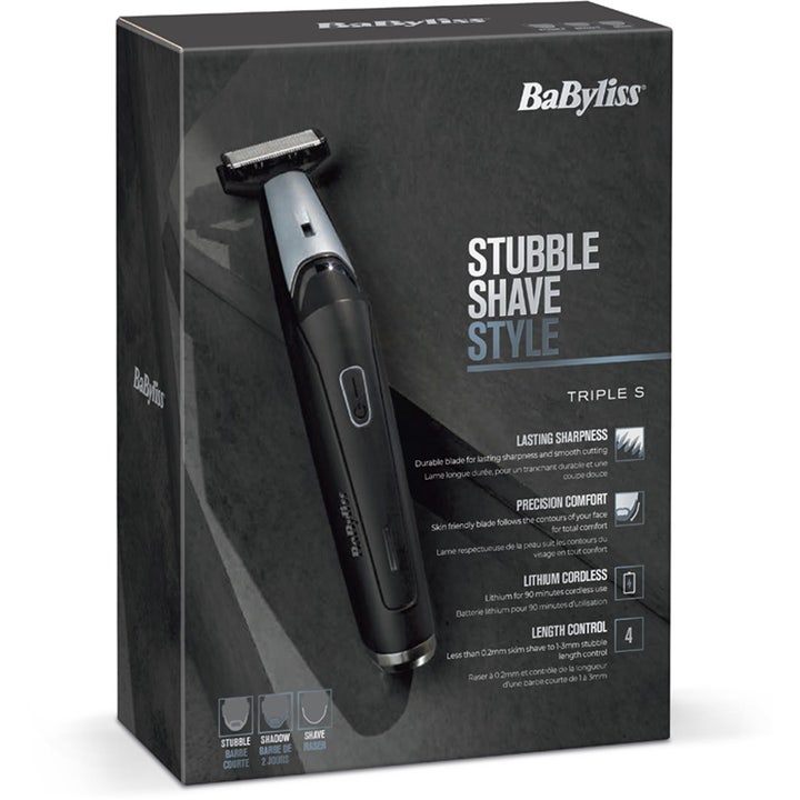 BaByliss Triple S Beard Trimmer 1 st i en snygg svart och grå förpackning med texten Stubble Shave Style.