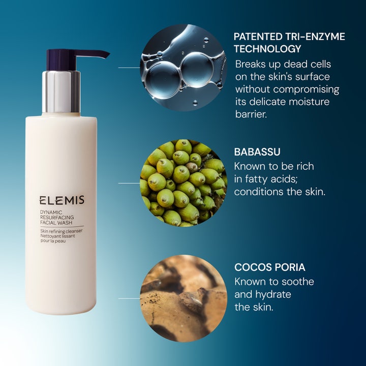 Elemis Dynamic Resurfacing Facial Wash 200 ml rengöringsgel som ger lyster med tri-enzymer och babassu i en vit pumpflaska.