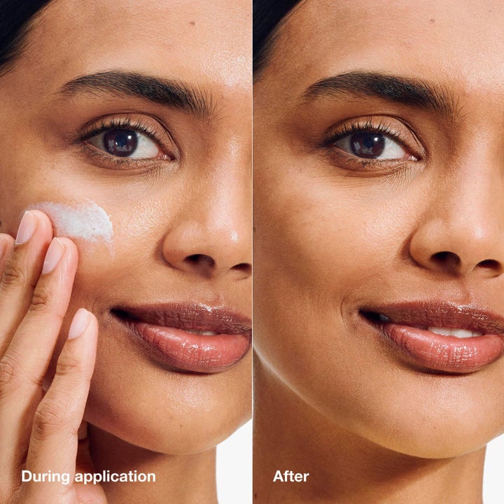 Clinique Mattifying Protection 90 ml matterande solskydd visar applicering av vit kräm och ett matt resultat på huden.