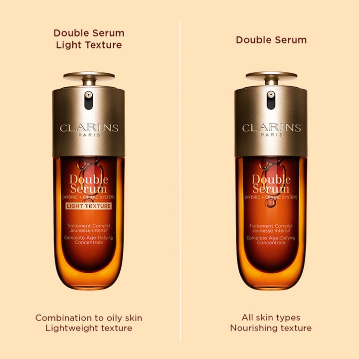 Clarins Double Serum Light Texture 30 ml anti-aging serum för fet hy visas bredvid originalet i bärnstensfärgade flaskor