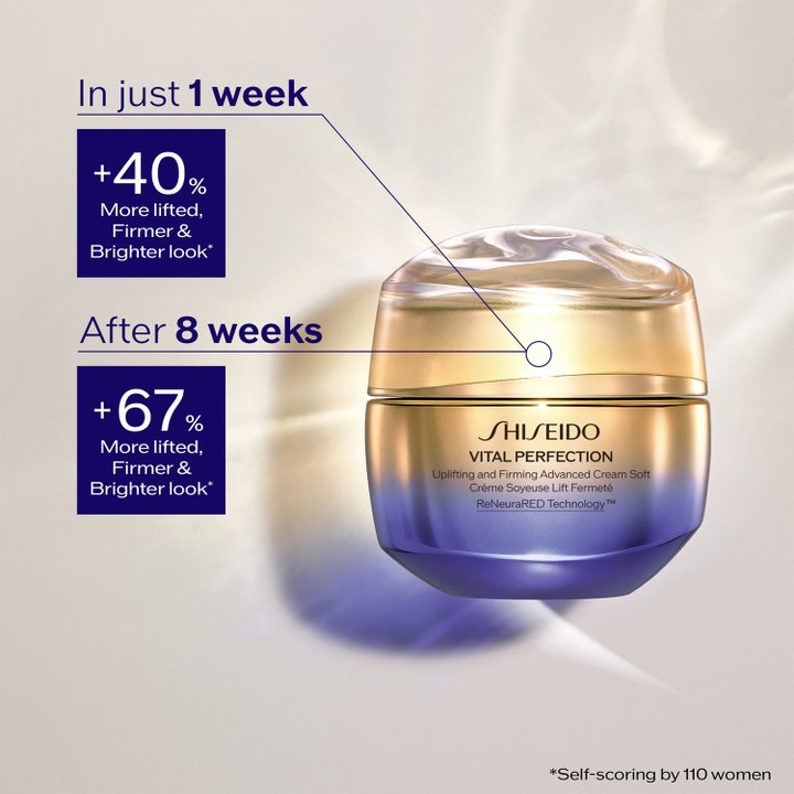 Shiseido Vital Perfection 50 ml anti-aging ansiktskräm i guld och lila burk som ger 67 % mer uppstramande effekt