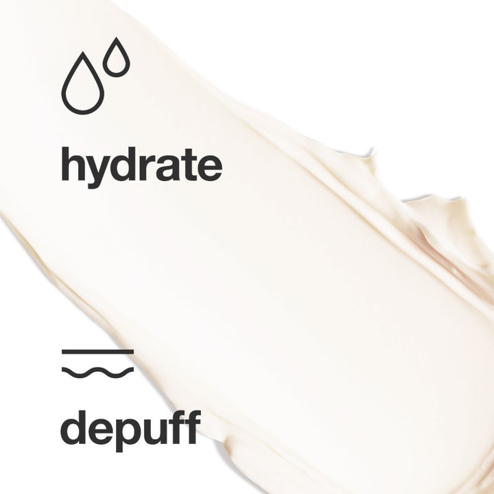 Clinique All About Eyes Rich 15 ml återfuktande ögonkräm visar krämig textur med texten hydrate och depuff.