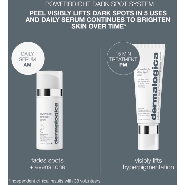 Dermalogica PowerBright Dark Spot System 30ml och 50ml mot hyperpigmentering kräm och serum i vit flaska och tub