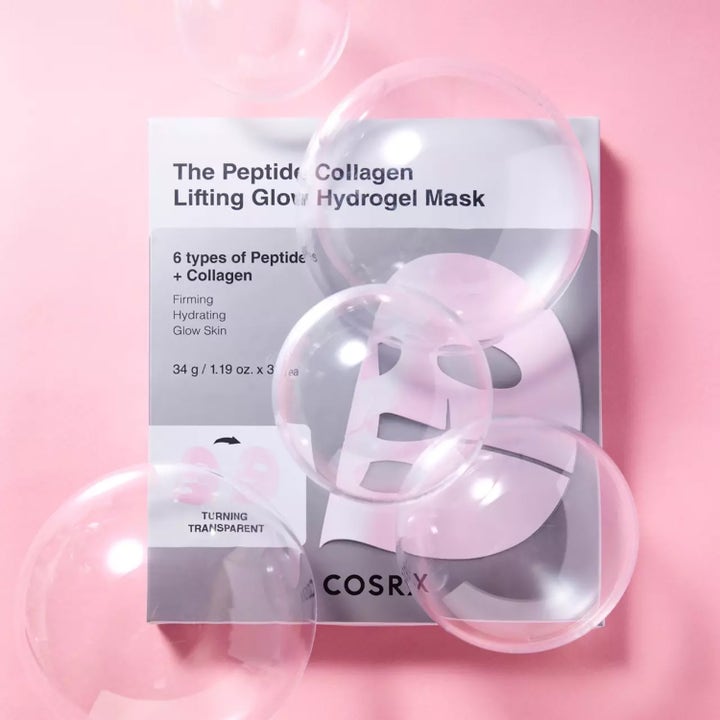 COSRX Peptide Glow Hydrogel Mask 3 st ansiktsmask ger lyster och fasthet med peptider bland klara bubblor