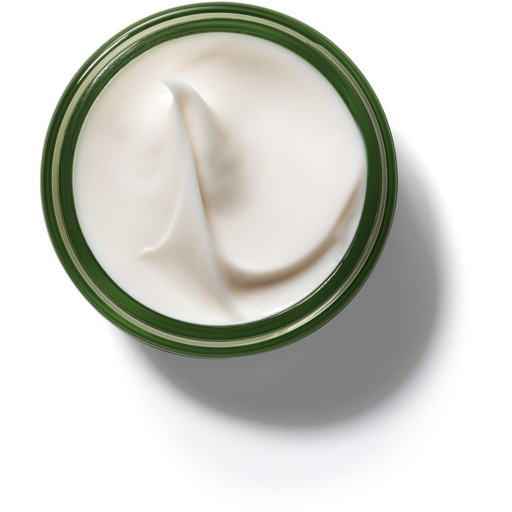 Origins A Perfect World 50 ml antioxidant ansiktskräm ger fukt med en krämig vit textur i en grön glasburk